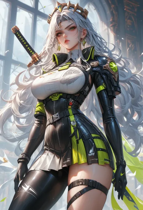 Highest quality,8k,masterpiece,Nike, Goddess of Victory, One Woman,Voluptuous body,Perfect Anatomy,Silver long hair,Beautiful Eyes,Large Breasts,glare,nsfw,M-shaped legs,scarletg, bodysuit, headpiece, shoulder armor, half-skirt, belt, asymmetrical legwear,...