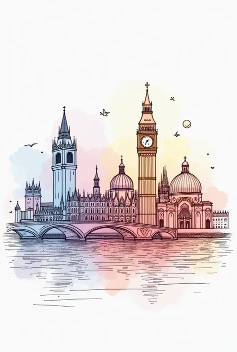 fine line art that refers to Lisbon, london, Venice and Slovenia with png background