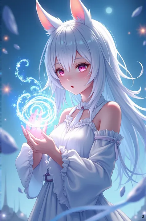 Picture of anime girl with fluffy ears on top of her head , white hair, Beautifully dressed, showing magic