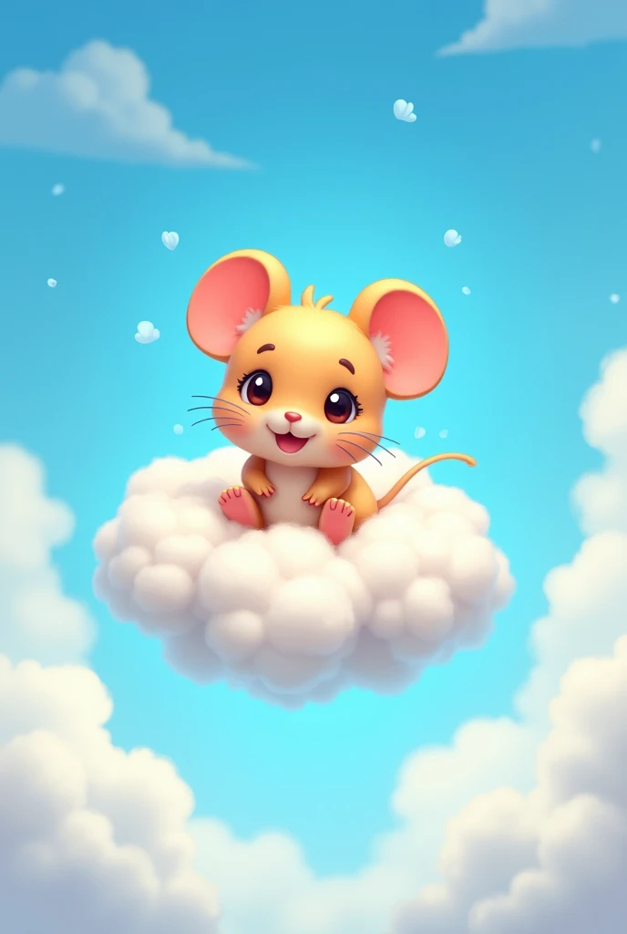 Chibi mouse on top of a flying cloud in 2D cartoon style