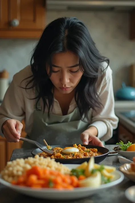 By 7 AM, a tired mom with black hair  in the kitchen her family clamored for breakfast, and she rushed to prepare a meal, leaving for work late

