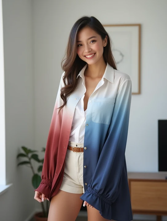 Another pose and big nice smile wearing casual red blue maroon beautiful shirt for Sunday morning 