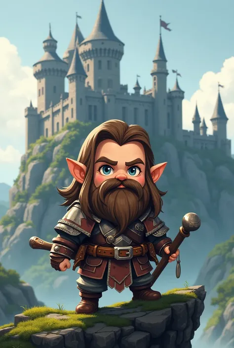 tao, warrior, mage, dwarf, long brown hair, Short beard brown with grey streaks, Scottish Rock in front of a castle as a chibi