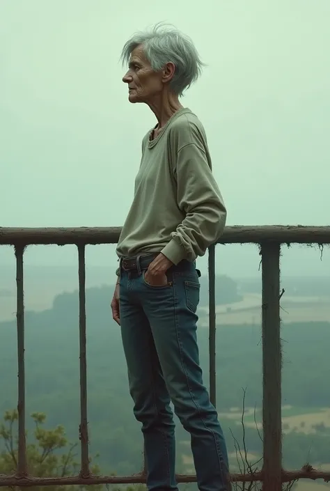 AN OLD WOMAN, with short hair, quite lean, wearing jeans and a tight long-sleeved shirt falling awkwardly from the high balcony to the ground.