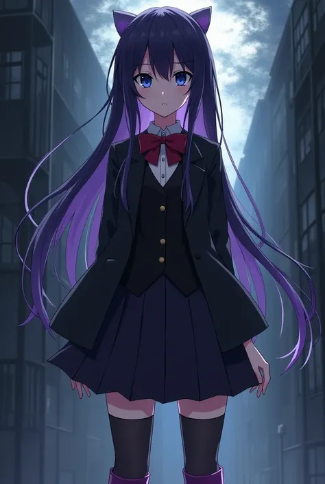 An anime girl with very dark purple hair with a black tone and light purple tips, with a fringe that has two square bangs in front of each ear, with blue eyes wears her school uniform, which consists of a black skirt above her knees and a white, a black V-...