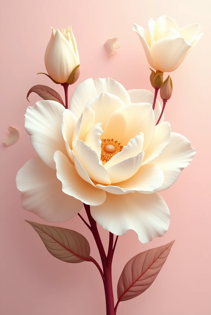 A photo of a large flower with creamy white petals and subtle peach undertones, highlighted by intricate veining. The flower is arranged against a soft pink background. The ethereal quality of the blooms blends realism and impressionism. A deep maroon stem...