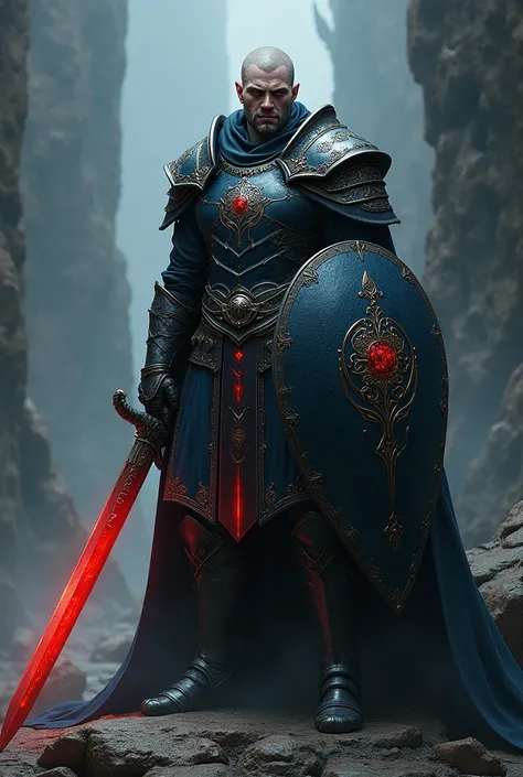 An aasimar with red eyes wearing dark chainmail, a longsword with a red blade and a dark blue shield