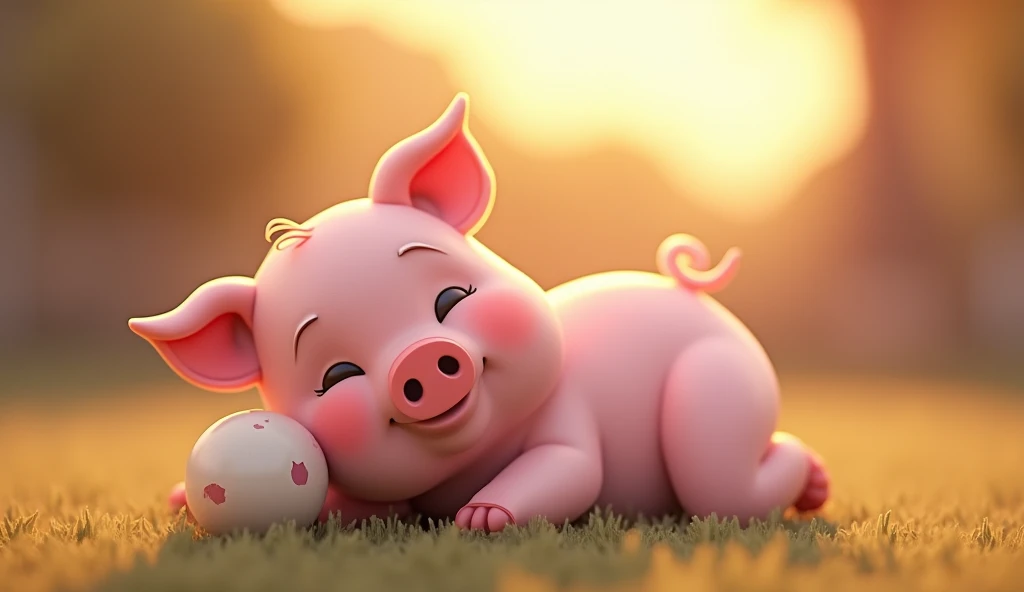 Draw a cartoon pig.，3D style，ball，cute, evening, lie down and play