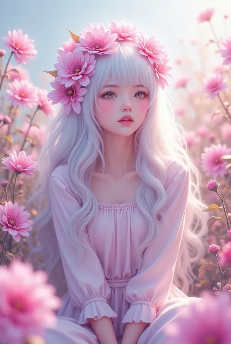 ai anime cyberpunk setting, Girl with long, white, wavy hair, 연하늘색 꽃이 있는 one piece , one piece, pretty girl, sit down, sit down있는,  Wearing pastel colored flowers on your head, cute,cute 소녀,cute 여자 , A drawing drawn with colored pencils, dye, Colorful , Co...