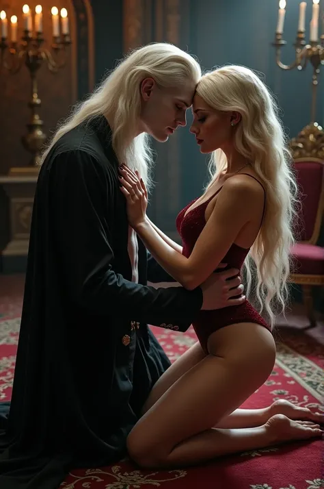 A vampire with long white hair is down on one knee in front of a bed. Man, and he has no beard. Shirtless, and a blonde girl strokes his chest. The girl is wearing dark red two-piece underwear. The mood of the picture is darker but also romantic. Candle li...