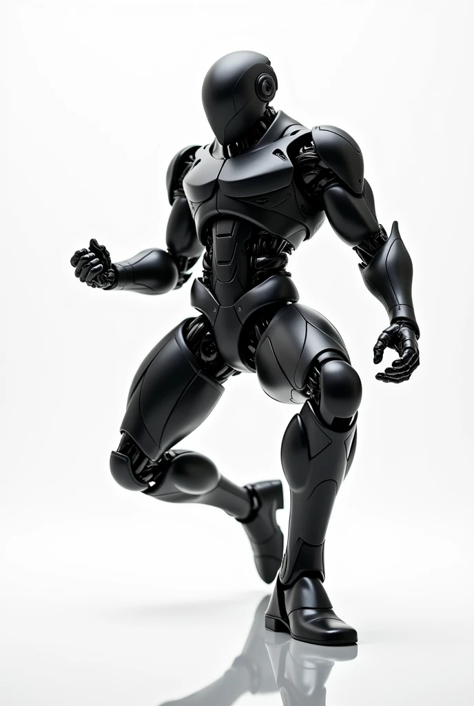 Build a robot, Cool pose,  Dynamic movement, Sophisticated design, Black color, white background, full-bodied, Matte material