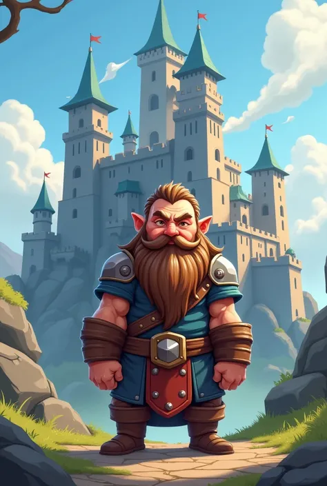 tao, warrior, mage, dwarf, long brown-grey hair, Short beard brown-gray, kilt in front of a castle as a chibi