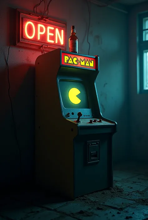 A pac man game from an abandoned and dark arcade with the screen lit up with the words "open" and an empty liquor bottle on top of it 