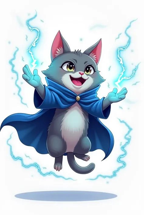 a grey cat in deep blue high wizard robe, floating while chanting lightning magic, action cartoon style, white background