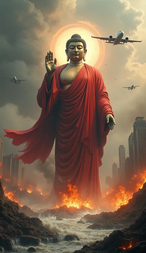 A mighty Buddha in the middle of a city with airplanes flying in the sky, flames and floods. He raised his hand in a commanding gesture and placed the red robe over his body. The city was burning around him, a testament to his power and prowess.