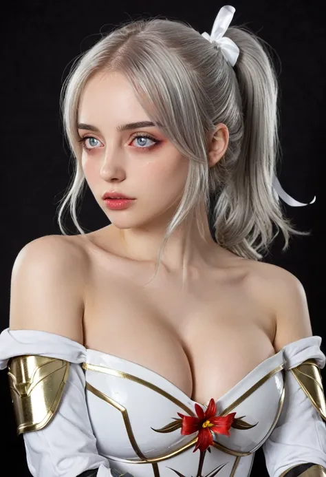 (((masterpiece, best quality, high resolution, illustration, an extremely delicate and beautiful, cowboy shot, silver hair)))), 1girl, ponytail, huge breasts, (((heterochromia))), gold eye, red eye, (((white ribbon, saber lily , white armor , off-shoulder ...