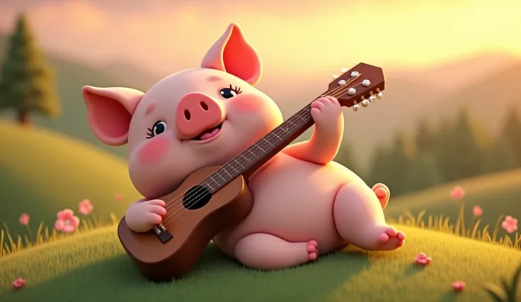 Draw a cartoon pig.，3D style，Play the guitar，cute, evening, lie down and play