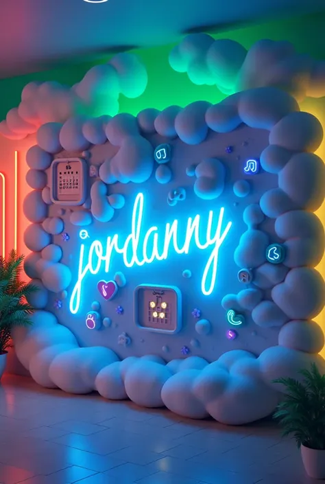 An image of an avant-garde and eye-catching 3D wall. The wall is decorated in the center with the name "JORDANNY" in blue and white neon light, with symbols and representations around it made of neon as well, such as music, hearts and dog paw prints. On th...