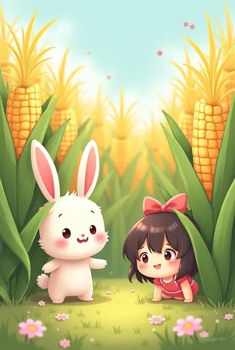 a kawaii rabbit and a kawaii girl playing hide and seek in a cornfield, a kawaii work of art