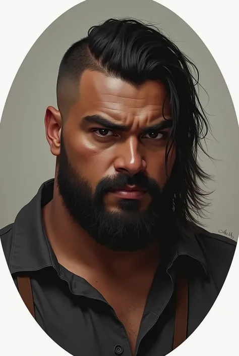 V-shaped gradient cut at 0, with long bangs and combed to the right side, and that he has dark skin like a man, realistic image and oval and obese face