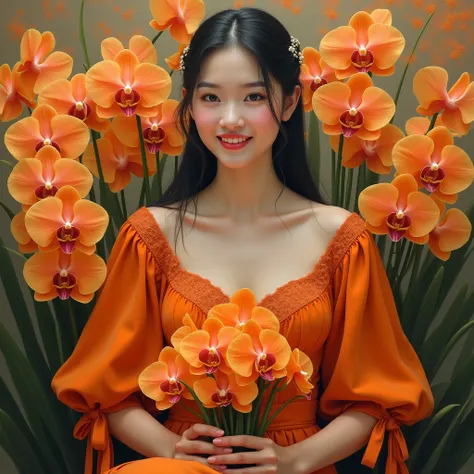 
Photorealistic cinematic acrylic painting,a beautiful Thai woman with white skin and a clean face, black hair tied up with a ribbon wearing an orange dress, short sleeve balloon model left and right ribbon sleeves, Lace brocade chest section to neck sitti...