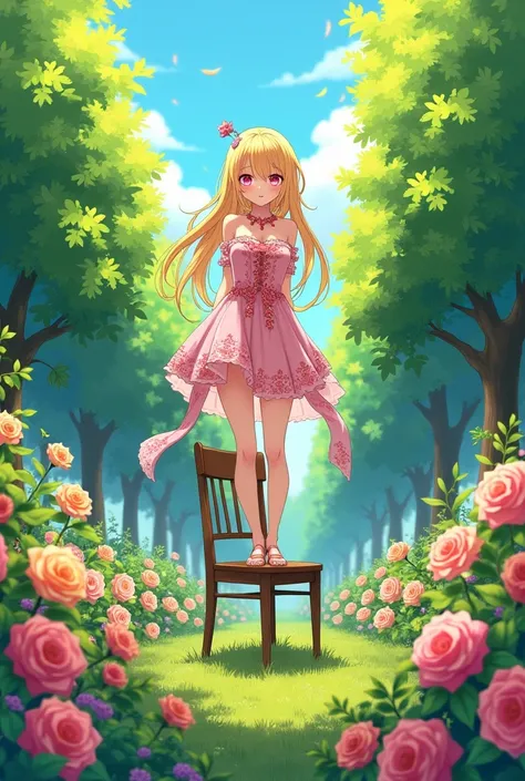 Anime, an adult woman, tall, with beautiful, bright, sharp pink eyes/soft golden yellow hair/a short dress with many rose-colored details and a long back, standing on a chair in a green orchard full of colorful flowers/high resolution/details in the orchar...