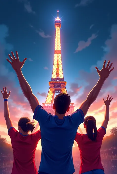 Illustrer la victoire de l’équipe de France de volley balle en finale des JO de Paris. Assurez-vous que la tour Eiffel à larrière-plan sillumine