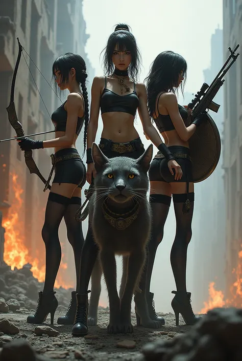 3 girls, the first one stands with a drawn bow and aims to the left, the second one stands on a kitten with a large shield, the third one stands with a sniper rifle aiming to the right, all the girls are wearing long black transparent tights, stand against...