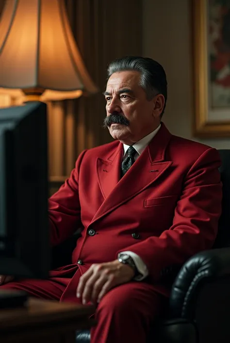 Stallin wearing a Red Burgundy suit sitting in a black sofa watching tv in a room