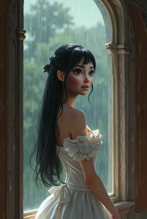 Character: female Iasmim01 A young woman of elegant appearance, with long, straight, dark black hair, gently draped over her shoulders. Her big eyes are dark brown and bright, full of life and charm. She has a well-shaped mouth, with pink and delicate lips...