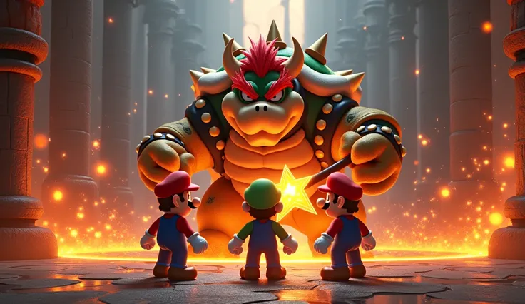 Mario and Luigi battling against browser in a castle with lava around, Mario and Luigi with the power of the star and the browser with a fire hammer.