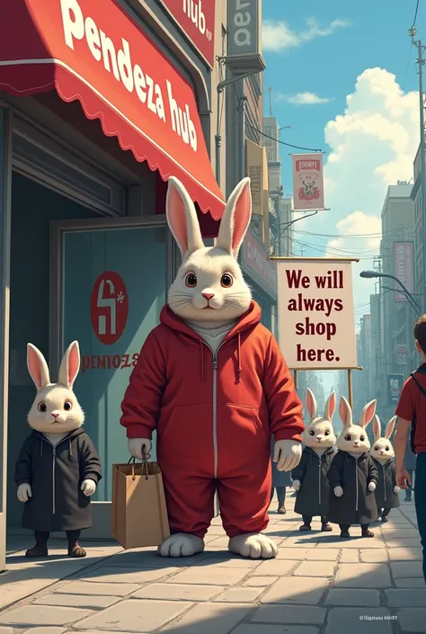 A big rabbit entering a big cosmetic shop written "pendeza hub" at the top of the shop a rabbit holds a empty bag where he wears red clothes where behind the big rabbit there is many rabbits wearing black clothes while holding banner written "we will alway...