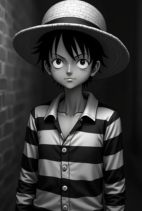 High quality photo looking at the viewer by mono d. Luffy in black and white striped long sleeve prison uniform, black and white striped jumpsuit, smiling, black and white striped long sleeve shirt, short black hair, 1 child, Beautiful and delicate eyes, p...