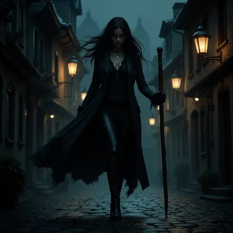  long haired vampire hunter woman holding a stake in a village at night 