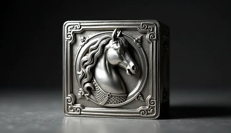 Urn of Pegasus Armor, a square silver box with the head of a mythological horse carved in the center