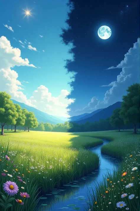 Day and Night: A scene divided in half showing a peaceful meadow under bright daylight on one side, while the other side reveals the same scene at night with glowing stars and a full moon illuminating the landscape.
