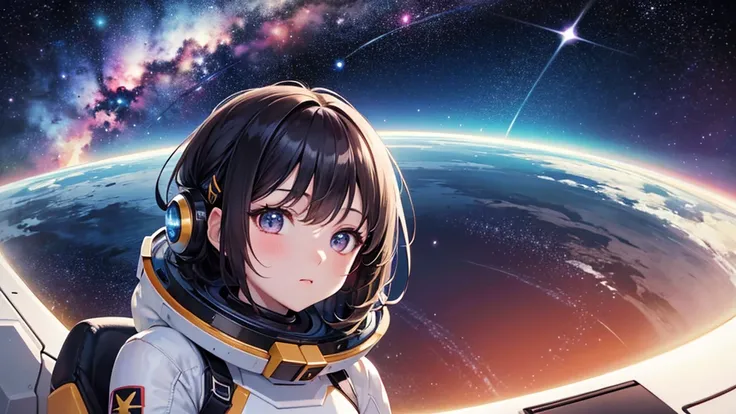 (UHD, masterpiece, high quality, high details, 16k, upper body), A serene space background with swirling galaxies, distant nebulae, and countless stars lighting up the cosmos. Floating above a small, barren planet is a girl in a futuristic, minimalist spac...