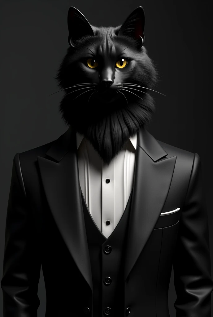 GENERATE BLACK TUXEDO WITH WHITE SHIRT WITH MORE HEMS, BLACK VEST AND BLACK KITTY WITH 3D EFFECT FOR BACKGROUND OF A HEADLESS INVITATION CARD