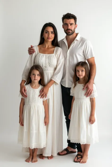 (photorealism) Couple from albania photoshoot, with White Backgrounds, With Two Childs, Ultra HD, Detailed Skin, Detailed Face, Best Quality, Full Body