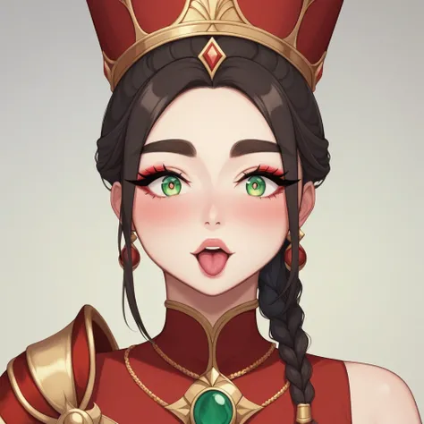 (Highest quality, masterpiece:1.2), High resolution, Very detailed, Realistic:1.37, Fantasy, An illustration, Green Eyes、Queen, Red dress.Platinum decoration、beautifully、Eyeshadow Red、Thick eyebrows、Long eyelashes、pupils are black、Her hair is light green、G...