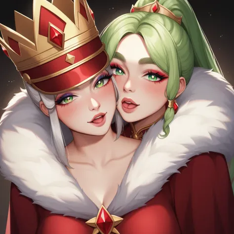 (Highest quality, masterpiece:1.2), High resolution, Very detailed, Realistic:1.37, Fantasy, An illustration, Green Eyes、Queen, Red dress.Platinum decoration、beautifully、Eyeshadow Red、Thick eyebrows、Long eyelashes、pupils are black、Her hair is light green、G...