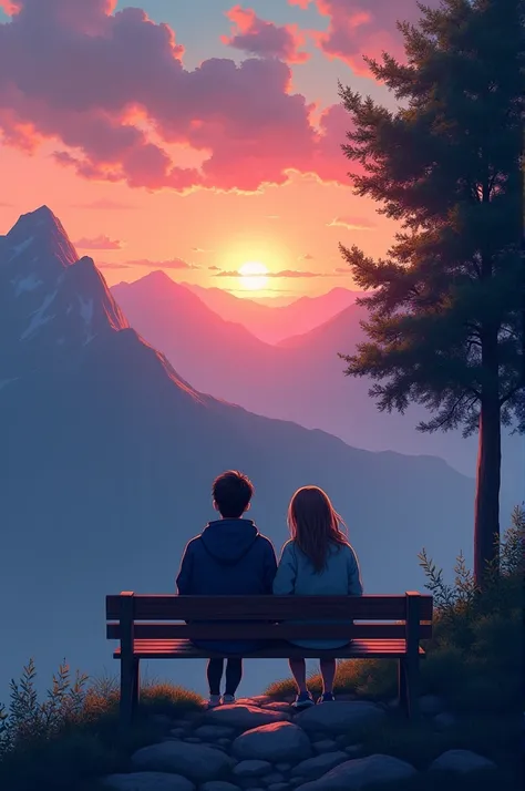 The image shows full illustrations two people sitting on a wooden bench, facing a beautiful sunrise over a mountain range. The sky is a mix of orange, yellow, and blue hues, with the sun partially visible in the top left corner. The mountains in the backgr...