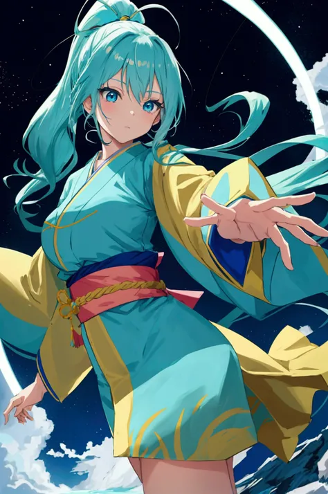 Anime adult girl, long turquoise hair, ponytail, blue eyes, short yellow kimono, extending her hand and a blue beam coming out of it, on the mountain at night by ،high angle, Ai