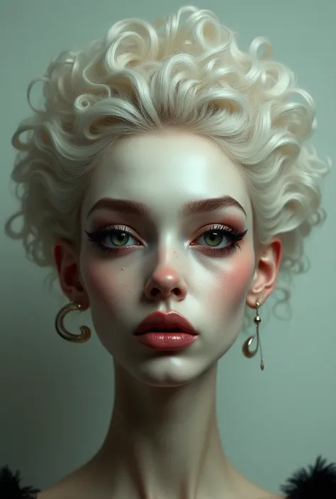 create a white, with curly hair, voluminous lips, oval face and long nose 
