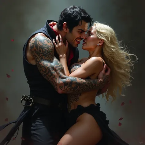 Vampire brunette Guy  with tattoos grabs blonde with knife art. They fight with each other. 