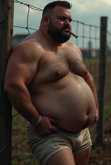 side vive, stocky man with a protruding belly, hairy chest and hairy belly, shirtless and wearing dirty and torn white boxer briefs, smoking cigarro, smoking,  he is leaning on a wire fence in the middle of the farm, grabbing bulge, dramatic lighting, sens...