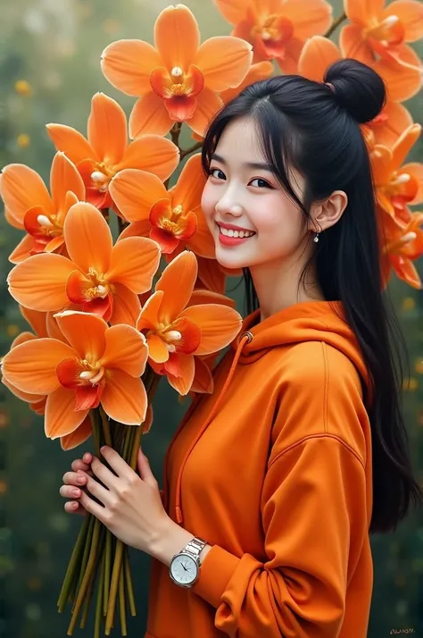 
Photorealistic cinematic acrylic painting,a beautiful Thai woman with white skin and a clean face, black hair in a Korean style bun with ribboned bangs,wearing an orange hoodie with a watch posing smiling next to a very large orange orchid , while holding...