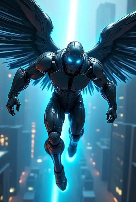 (Panorama) In a serious, 3D comic book style. The whole look of the super hero Sokolik, his body is covered with metallic armor, and his legs transform into powerful jets. He has wings made of nanotubes on his back., which allow him to maneuver precisely i...