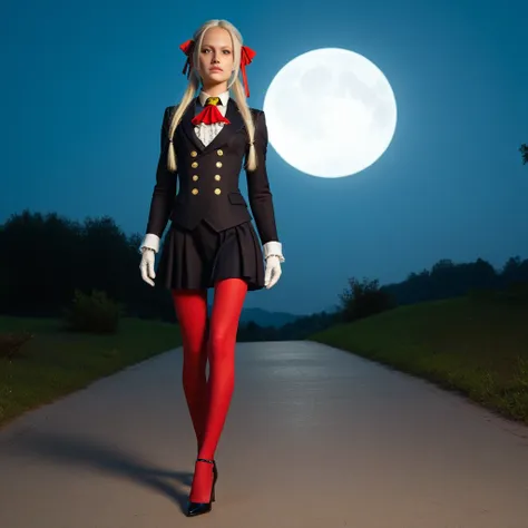 photo of  edelgard_academy, hair ribbon, black jacket, black dress, ascot, red pantyhose, white gloves, high heels, walking on battlefield, moonligth, full moon, young, teen, (skinny), small , petite, 1 girl, (((3d, video game))),masterpiece, best quality,...