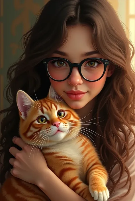 (photorealism:1.2), chubby beautiful woman, with brown hair and brown eyes, wearing rounded black eye glass and long curly hair, with her less hairy full amber orange cat with hazel eyes in her arms near her face, soft lighting, camera pose, realistic, int...